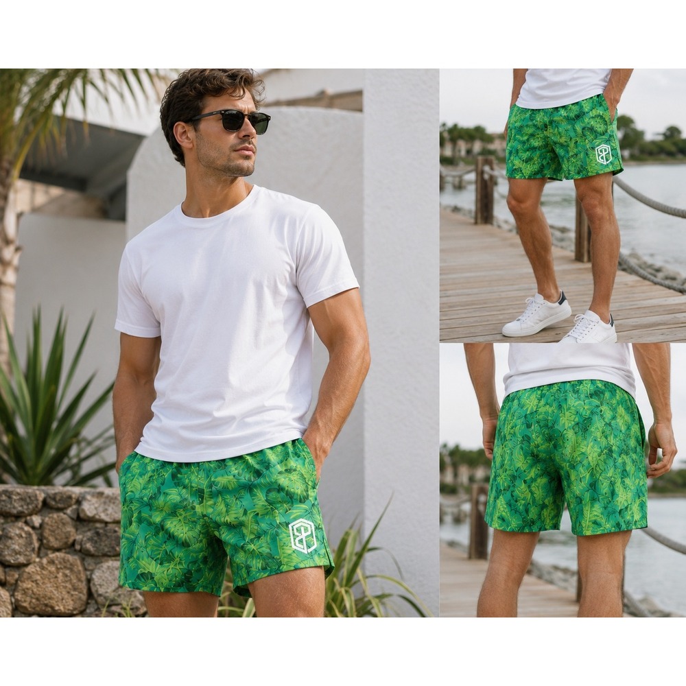 Born primitive Mens Medium Green Tropical Leaf Print Swim Trunks Board Shorts